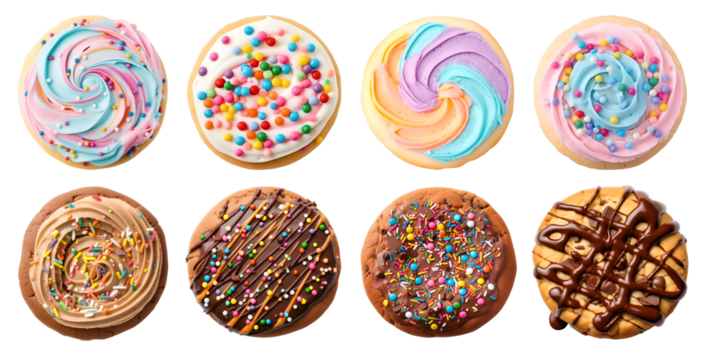 Collection of round cookie cookies biscuit, chocolate rainbow frosting icing set, on transparent background cutout. PNG file. Many assorted different flavour. Mockup template for artwork design