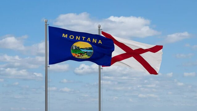 Alabama and Montana US state flags waving together on cloudy sky, endless seamless loop