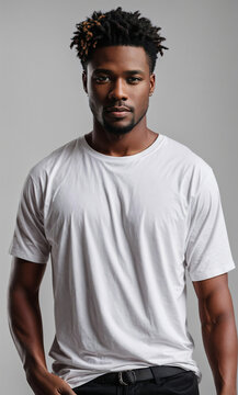 Photo en studio d'un homme noir en t-shirt blanc avec une expression neutre