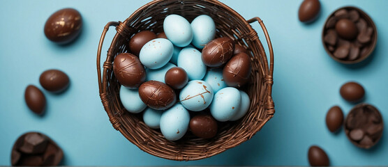 Un panier rempli d'oeufs de Pâques en chocolat sur un fond bleu