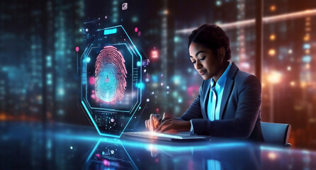 woman accessing her personal financial information on her phone using her fingerprint identification, generative ai - obrazy, fototapety, plakaty