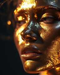 Close-up of beautiful young woman's face with creative gold makeup. Seductive female model with magical golden glow over black background.