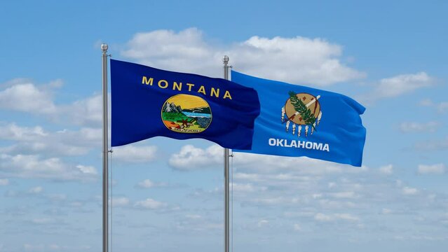 Oklahoma and Montana US state flags waving together on cloudy sky, endless seamless loop
