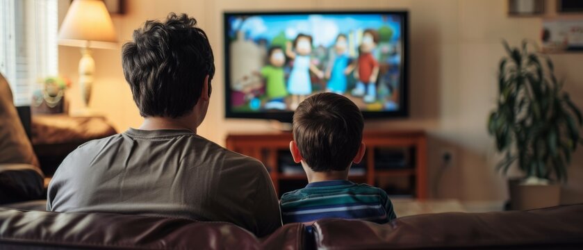 Back view of father and son watching cartoon videos in front TV. Rear view angle of a family watching television in living room. Generative ai