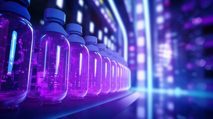 Row of glowing purple liquid in bottles, with a futuristic laboratory background with neon lighting - obrazy, fototapety, plakaty