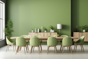 Scandinavian Dining Room with Sofa, Chairs, Wooden Table near Window, Pastel Green Wall with Frames