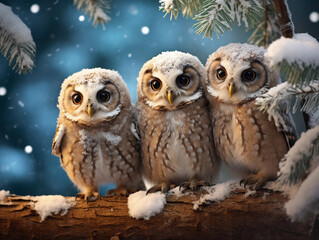 Three lovely cute owl stand together on tree in Winter with snow 