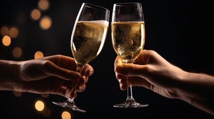 Two hands with glasses of champagne cheering, celebrating new year's eve, toast, cheering, wedding and birthday, special event, celebrating together, party, anniversary, sparkling wine, 2024, 2025 