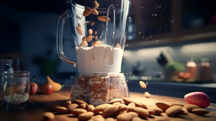 Blender with almond milk in the kitchen at night. Healthy food concept - obrazy, fototapety, plakaty