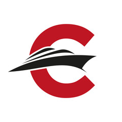 Initial Ship Logo On Letter C, Navy Sign With Boat Symbol Vector Template