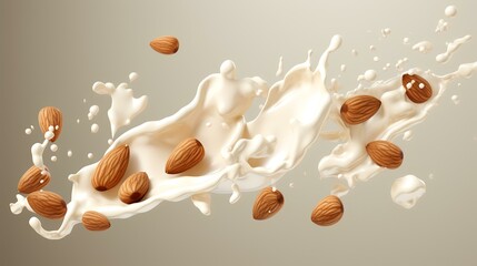 Milk splash with almonds. Realistic 3d vector illustration.
