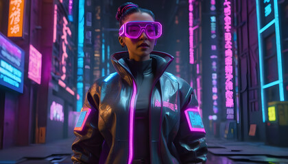 Obraz premium Futuristic cyberpunk figure in neon-lit alley, high-tech clothes, augmented reality ai generated