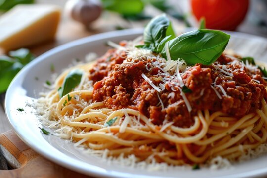 Spaghetti bolognese with parmesan cheese and basil