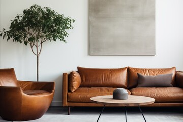 Modern Mid-Century Living Room with Terra Cotta Sofa and Brown Leather Armchairs