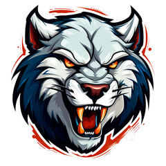 Cartoon drawing of tiger head with red fangs on transparent background in PNG