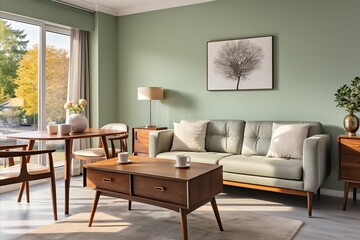 Fototapeta na wymiar Scandinavian Dining Room. Sofa, Chairs, and Table by Window with Pastel Green Wall and Frames