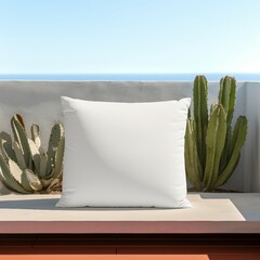 White pillow template, mockup, cactus in the desert