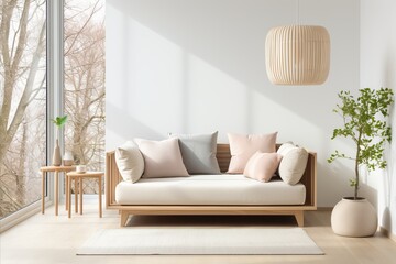 Scandinavian Style Living Room with White Cushions and Cream Blanket on White Sofa Against Window