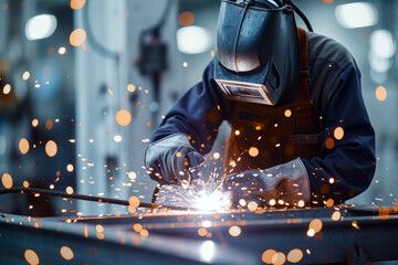 A male engineer makes arc welding with spark lights in background of the factory. The working concept of worker and craftsmen. - obrazy, fototapety, plakaty