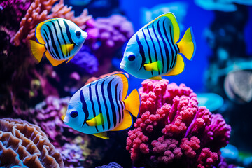 Colorful array of tropical fish in a coral garden underwater ocean, yellow, blue intricate beauty of underwater ecosystems. Concept of diversity and fragility of marine life, photo by Vita - obrazy, fototapety, plakaty