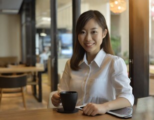 カフェにいる若い女性