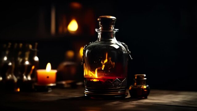 Enigma Elixirs: Bottled Potions Sparkle with Fiery Fire and Glowing Stardust Particles