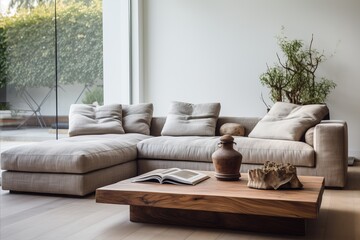 Modern White Corner Sofa in Minimalist Living Room with Rustic Wooden Coffee Table