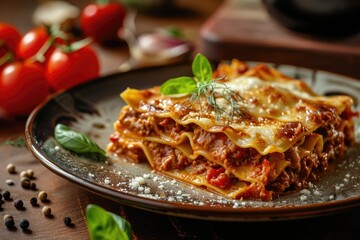 Traditional lasagna with minced meat, tomato sauce and parmesan cheese