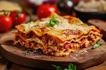 Tasty lasagna with vegetables and tomato sauce on a plate