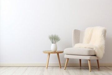 Modern Living. Beige Barrel Chair, Stump Side Table and Pampas Grass Vase on White Wall