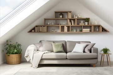 Stylish Scandinavian Living Room with Modern Wooden Shelving Unit Behind Cozy Sofa in Attic Space