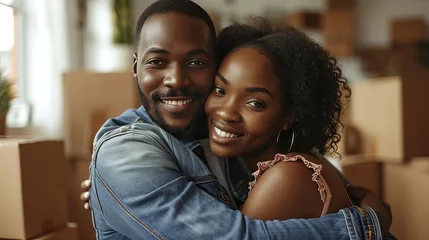 Poster Close-up of happy African American millennial couple smiling and hugging indoors. Husband and wife, new homeowners, tenants excited with house buying, real estate property purchase, renting apartment. © Georgii