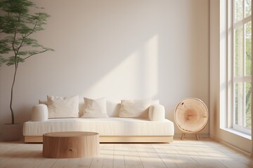 Fototapeta na wymiar Minimalist Forest Home. Beige Corner Sofa and Round Coffee Table in Modern Living Room