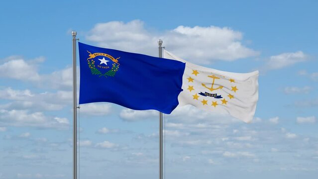Rhode Island and Nevada US state flags waving together on cloudy sky, endless seamless loop