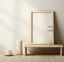 room with white wall and floor, mockup of a picture on the wall, blank poster template