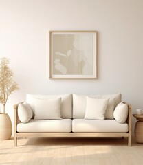 modern living room with sofa, mockup of a picture on the wall, blank poster template