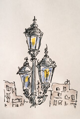 Street lights. City sketch created with liner and markers. Color illustration on watercolor paper