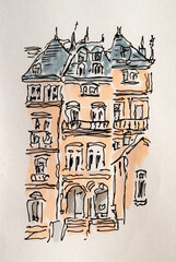 City sketch created with liner and markers. Color illustration on watercolor paper - 700528217