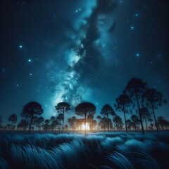 Blue dark night sky with many stars above field of trees, Milkyway cosmos background, Generative Ai