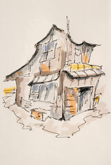 Old house. City sketch created with liner and markers. Color illustration on watercolor paper