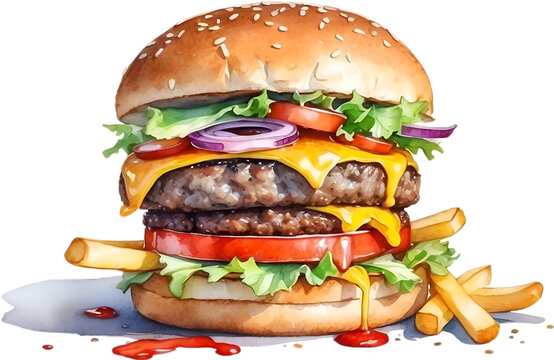 Watercolor painting of a delicious-looking Burger and fries. 