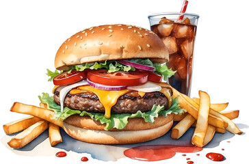 Watercolor painting of a delicious-looking Burger and fries. 