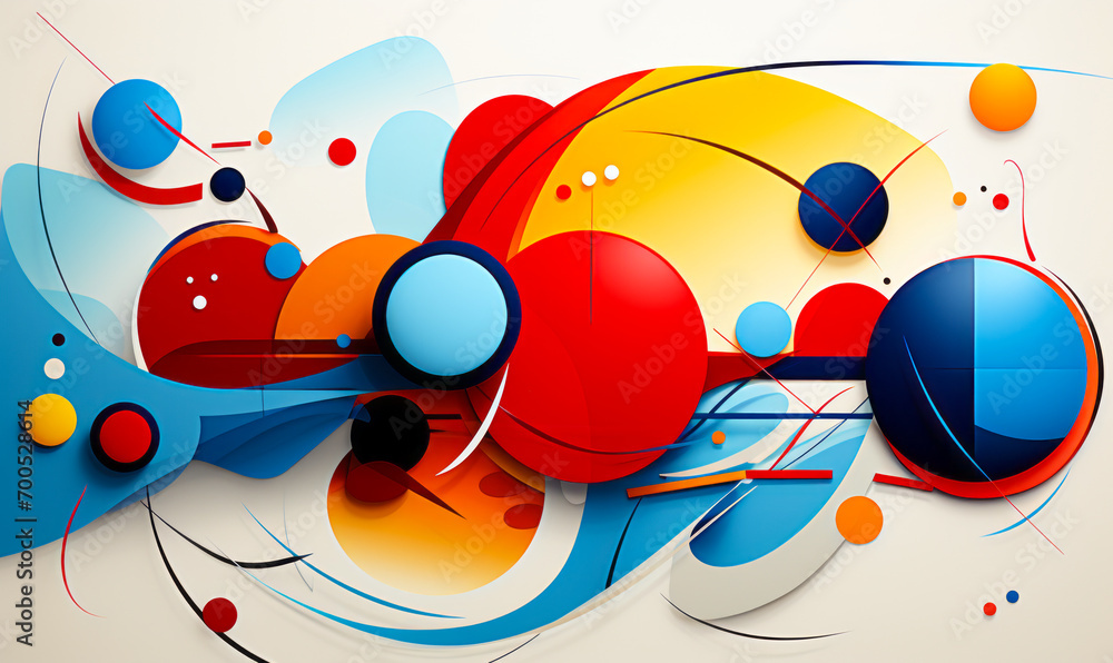 Poster dynamic abstract composition with layered circles and lines in red, blue, yellow, and green on a cre