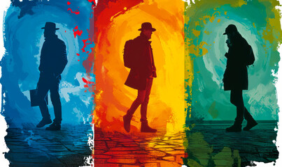 Silhouetted figures walking against blue, yellow, and green abstract painted backgrounds with urban vibes