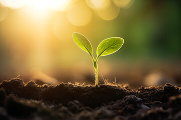 Morning light illuminates a young plant against a green bokeh background symbolizing new life and Earth Day - 700529078
