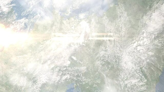 Zoom in from space and focus on Turnov, Czech Republic. 3D Animation. Background for travel intro. Elements of this image furnished by NASA