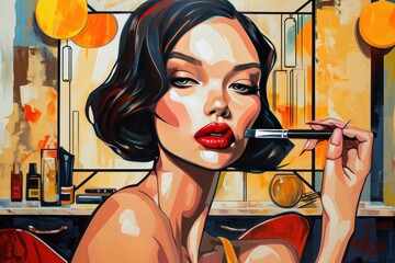A picture of a woman in a modern beauty salon injecting her lips and doing makeup