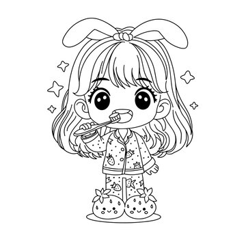 recommend clip art: Black and white outline for colouring. Cute little girl brush teeth in  morning in pyjamas. Vector illustration. Activity for children.