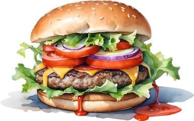 Watercolor painting of a delicious-looking burger. 