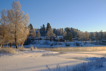 Honefoss River and ice early morning in Winter, Honefoss, Buskerud, Norway